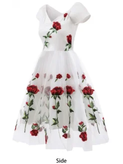 Robe midi trapèze vintage brodée de roses pour femme - Style années 50 épaules dénudées - Idéale pour un goûter d'été 2026