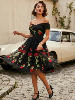 Robe midi trapèze vintage brodée de roses pour femme - Style années 50 épaules dénudées - Idéale pour un goûter d'été 2026