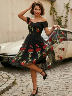 Robe midi trapèze vintage brodée de roses pour femme - Style années 50 épaules dénudées - Idéale pour un goûter d'été 2026