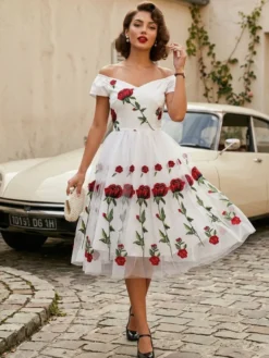 Robe midi trapèze vintage brodée de roses pour femme - Style années 50 épaules dénudées - Idéale pour un goûter d'été 2026