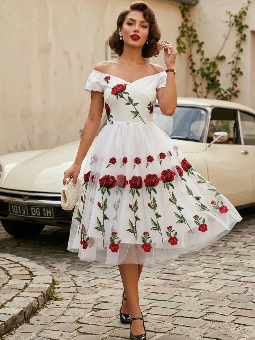 Robe midi trapèze vintage brodée de roses pour femme - Style années 50 épaules dénudées - Idéale pour un goûter d'été 2026