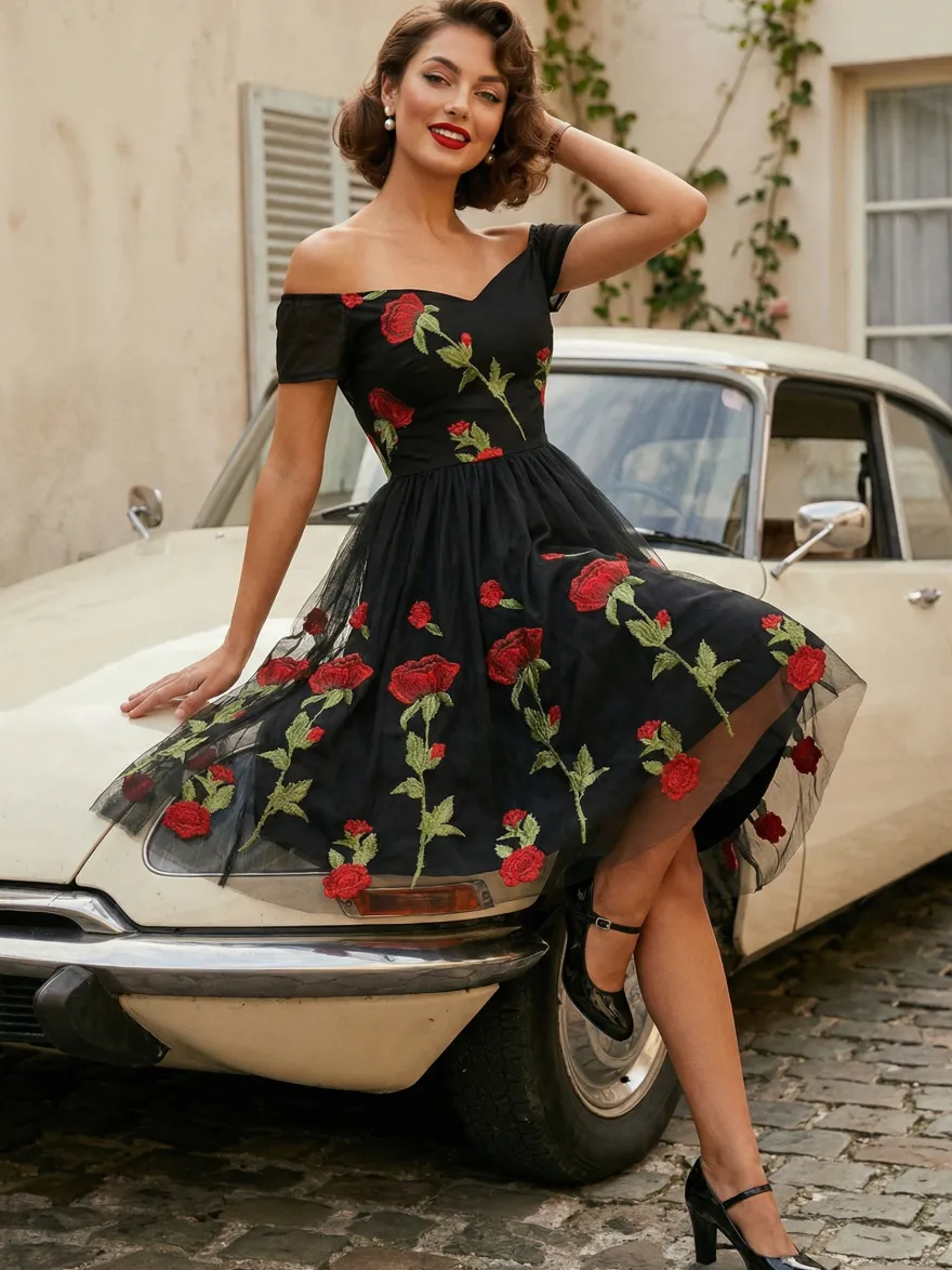 Robe midi trapèze vintage brodée de roses pour femme - Style années 50 épaules dénudées - Idéale pour un goûter d'été 2026