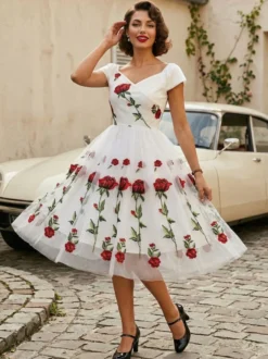 Robe midi trapèze vintage brodée de roses pour femme - Style années 50 épaules dénudées - Idéale pour un goûter d'été 2026