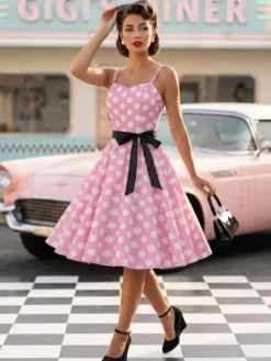 Robe midi trapèze vintage à pois pour femme - Robe d'été rockabilly trapèze ceinturée années 50 - Idéale pour les fêtes d'été 2026