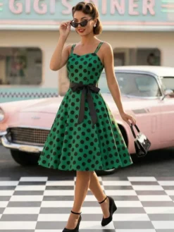 Robe midi trapèze vintage à pois pour femme - Robe d'été rockabilly trapèze ceinturée années 50 - Idéale pour les fêtes d'été 2026