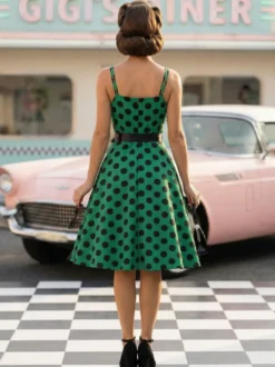 Robe midi trapèze vintage à pois pour femme - Robe d'été rockabilly trapèze ceinturée années 50 - Idéale pour les fêtes d'été 2026