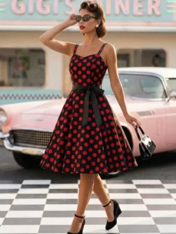 Robe midi trapèze vintage à pois pour femme - Robe d'été rockabilly trapèze ceinturée années 50 - Idéale pour les fêtes d'été 2026