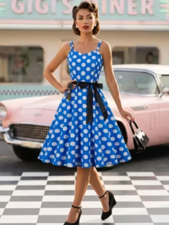 Robe midi trapèze vintage à pois pour femme - Robe d'été rockabilly trapèze ceinturée années 50 - Idéale pour les fêtes d'été 2026
