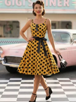 Robe midi trapèze vintage à pois pour femme - Robe d'été rockabilly trapèze ceinturée années 50 - Idéale pour les fêtes d'été 2026