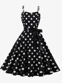 Robe midi trapèze vintage à pois pour femme - Robe d'été rockabilly trapèze ceinturée années 50 - Idéale pour les fêtes d'été 2026