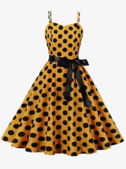 Robe midi trapèze vintage à pois pour femme - Robe d'été rockabilly trapèze ceinturée années 50 - Idéale pour les fêtes d'été 2026