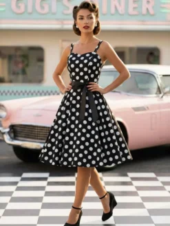 Robe midi trapèze vintage à pois pour femme - Robe d'été rockabilly trapèze ceinturée années 50 - Idéale pour les fêtes d'été 2026