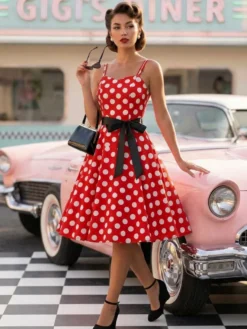 Robe midi trapèze vintage à pois pour femme - Robe d'été rockabilly trapèze ceinturée années 50 - Idéale pour les fêtes d'été 2026