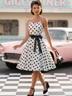 Robe midi trapèze vintage à pois pour femme - Robe d'été rockabilly trapèze ceinturée années 50 - Idéale pour les fêtes d'été 2026
