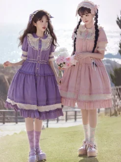 Robe Mignonne Lolita Robe De Style Pastoral À Manches Courtes En Polyester