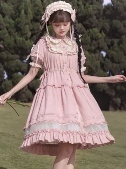 Robe Mignonne Lolita Robe De Style Pastoral À Manches Courtes En Polyester