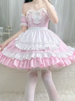 Robe Mignonne Lolita Robe à volants en polyester à manches courtes