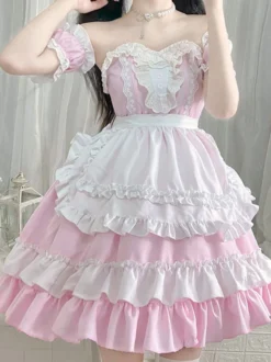 Robe Mignonne Lolita Robe à volants en polyester à manches courtes