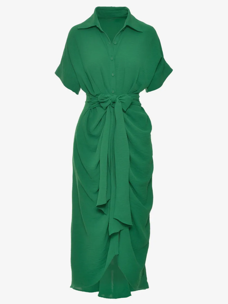 Robe Mi-longue Chemise Col Rabattu Plissé Manches Courtes Décontractée