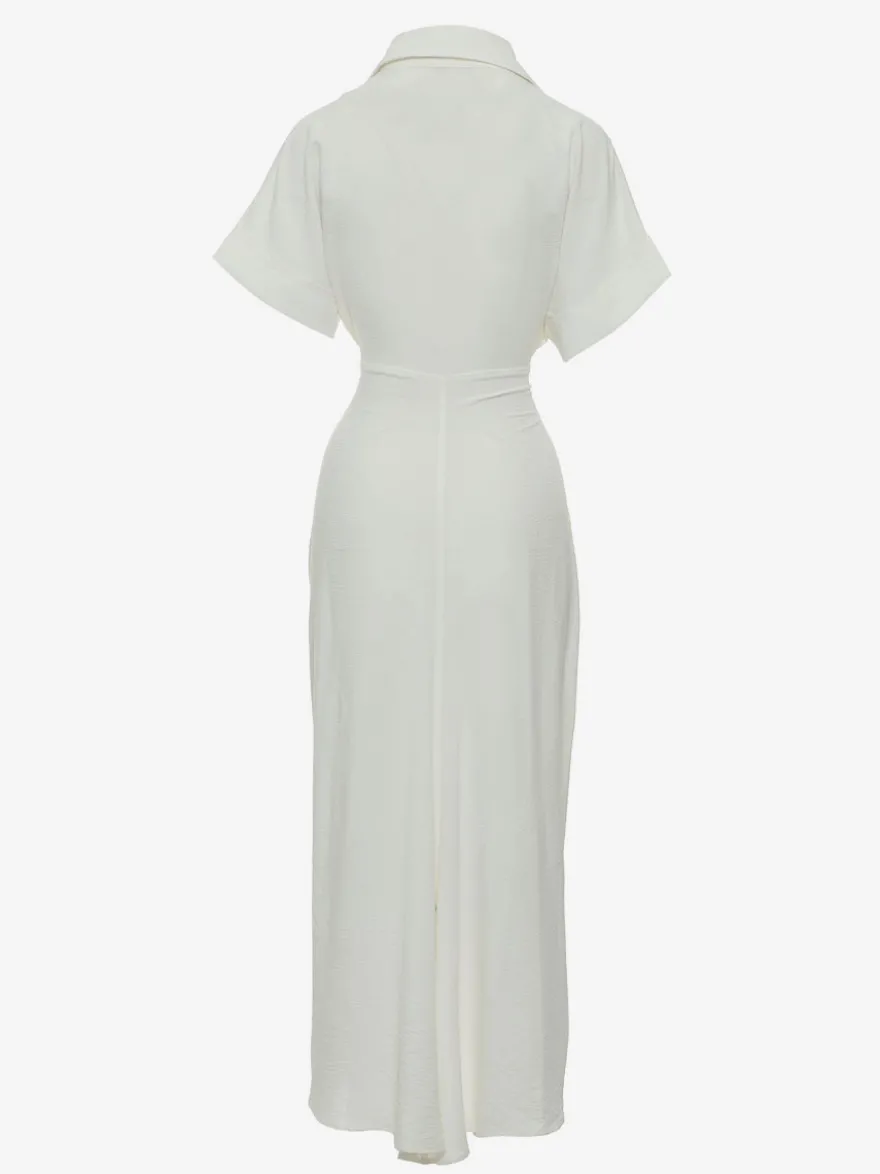 Robe Mi-longue Chemise Col Rabattu Plissé Manches Courtes Décontractée