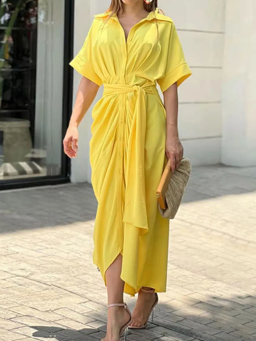 Robe Mi-longue Chemise Col Rabattu Plissé Manches Courtes Décontractée