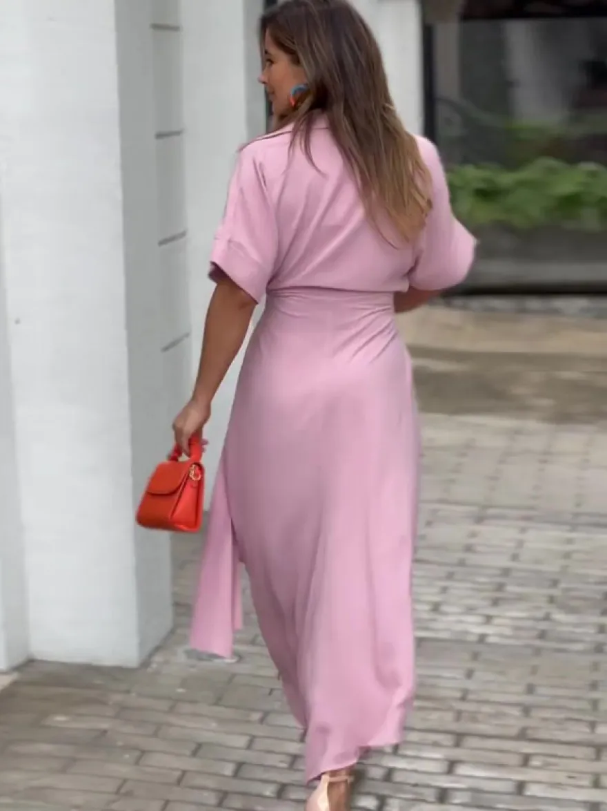 Robe Mi-longue Chemise Col Rabattu Plissé Manches Courtes Décontractée