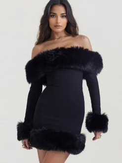Robe mini à bordure en fausse fourrure à épaules dénudées robes de fête d'anniversaire sexy