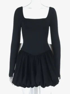 Robe mini à col carré et nœud papillon pour femme - Manches longues noires contrastées et élégantes - Style Audrey - Tenue de soirée printemps 2026