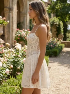 Robe mini corset en dentelle à col en cœur robe trapèze sexy à bretelles pour fête d'anniversaire 2026