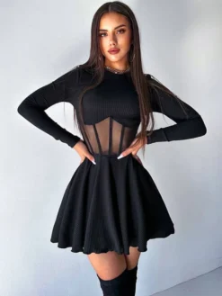Robe mini corset en résille pour femme - Robe patineuse côtelée à manches longues - Soirée printanière en boîte de nuit 2026