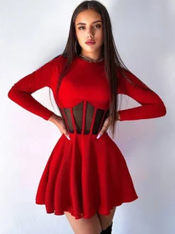 Robe mini corset en résille pour femme - Robe patineuse côtelée à manches longues - Soirée printanière en boîte de nuit 2026