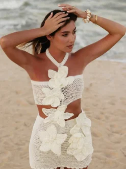Robe mini crochetée à fleurs 3D pour femme - Robe moulante bohème dos nu à découpe taille - Été 2026