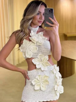 Robe mini crochetée à fleurs 3D pour femme - Robe moulante bohème dos nu à découpe taille - Été 2026