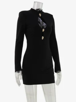 Robe mini découpée pour femme - Robe moulante noire élégante à manches longues et boutons dorés - Idéale pour une soirée printanière en club (2026)