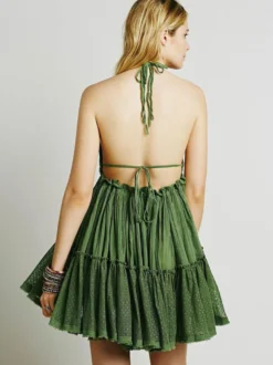 Robe mini dos nu à bretelles pour femme - Robe babydoll bohème texturée à volants et col en V avec lien au dos - Idéale pour une soirée d'été à la plage 2026