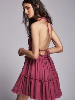 Robe mini dos nu à bretelles pour femme - Robe babydoll bohème texturée à volants et col en V avec lien au dos - Idéale pour une soirée d'été à la plage 2026