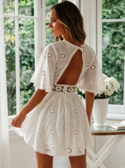 Robe mini dos nu à œillets blancs pour femme - Robe d'été bohème en coton coupe évasée et manches bouffantes - Idéale pour les vacances d'été à la plage 2026