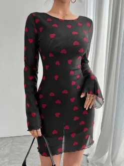 Robe mini dos nu à imprimé cœur et manches longues pour femme 2026