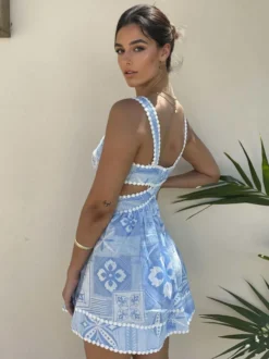 Robe mini d'été à découpe taille haute pour femme - Robe patineuse évasée sans manches imprimée bohème col en V - Idéale pour les fêtes d'été à la plage 2026