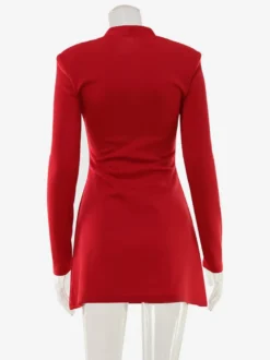 Robe mini à encolure en trou de serrure pour femme - Rouge élégante épaules rembourrées manches longues coupe moulante - Soirée romantique printanière 2026