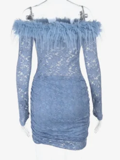Robe mini en dentelle et fausse fourrure pour femme - Bleu poudré moulante froncée manches longues - Robe d'invitée pour mariage de printemps 2026