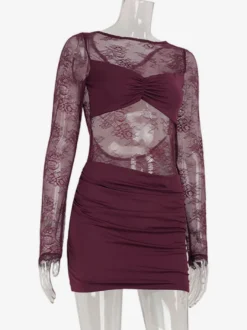 Robe mini en dentelle transparente froncée pour femme - Robe moulante sexy à dos nu et découpes - Soirée d'été en boîte de nuit 2026