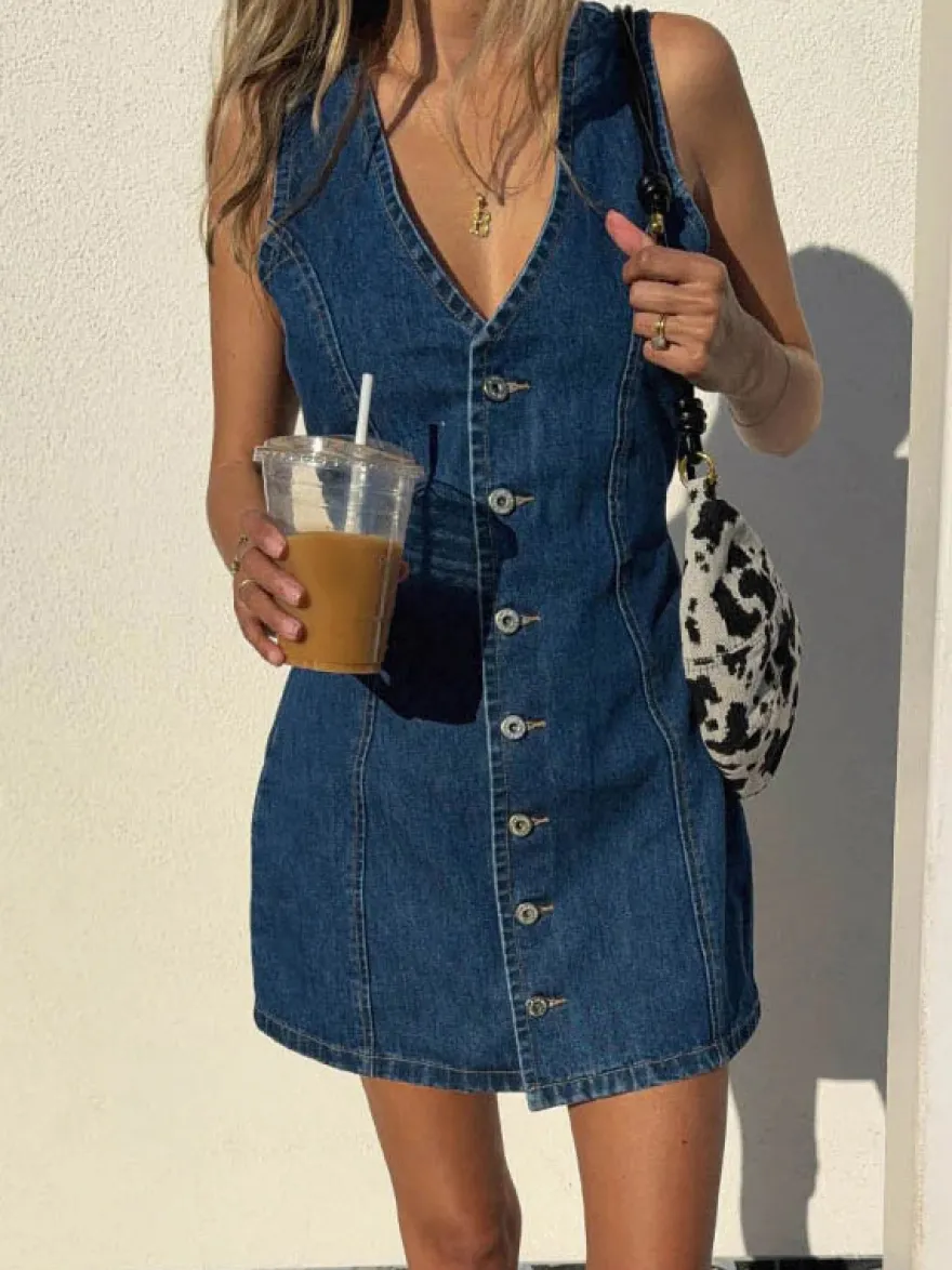 Robe mini en jean bleu marine à col V sans manches pour femme style rétro chic