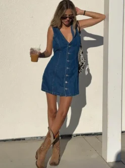 Robe mini en jean bleu marine à col V sans manches pour femme style rétro chic