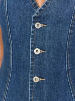 Robe mini en jean bleu marine à col V sans manches pour femme style rétro chic