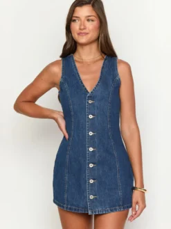 Robe mini en jean bleu marine à col V sans manches pour femme style rétro chic