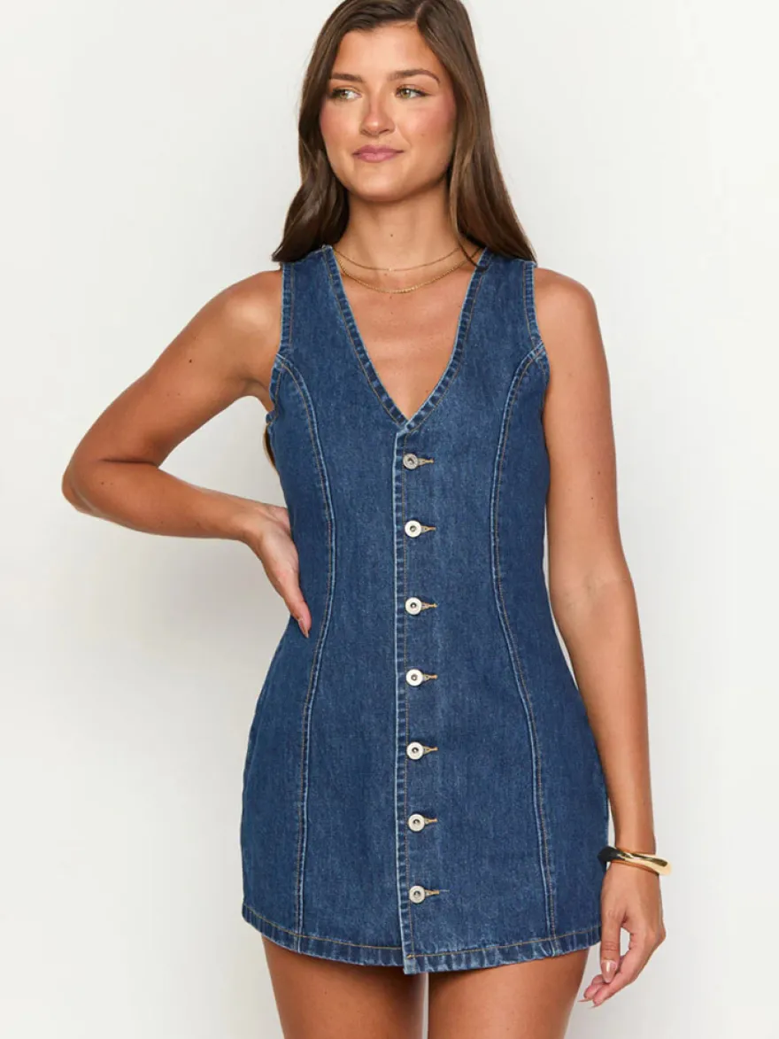 Robe mini en jean bleu marine à col V sans manches pour femme style rétro chic