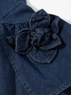 Robe mini en jean bleu marine sans manches avec ourlet à volants pour femme