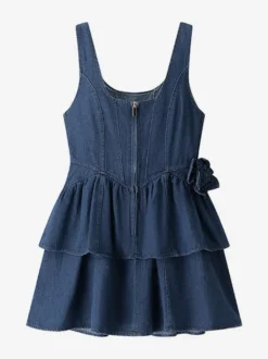 Robe mini en jean bleu marine sans manches avec ourlet à volants pour femme