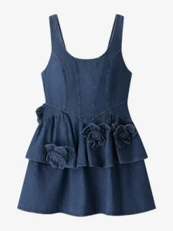 Robe mini en jean bleu marine sans manches avec ourlet à volants pour femme